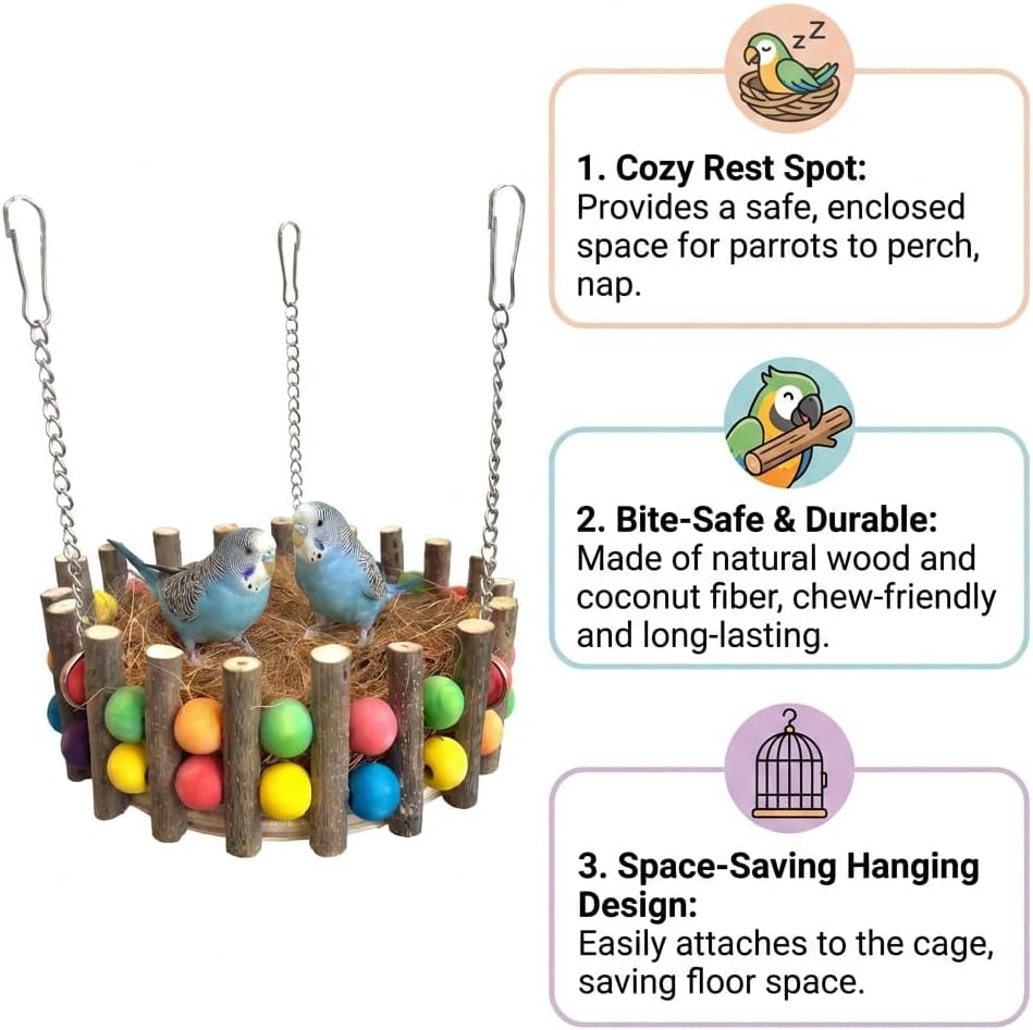 KraAra 3-in-1 Parrot Hammock Bird Nest Bed Swing Toys with Wood Perch