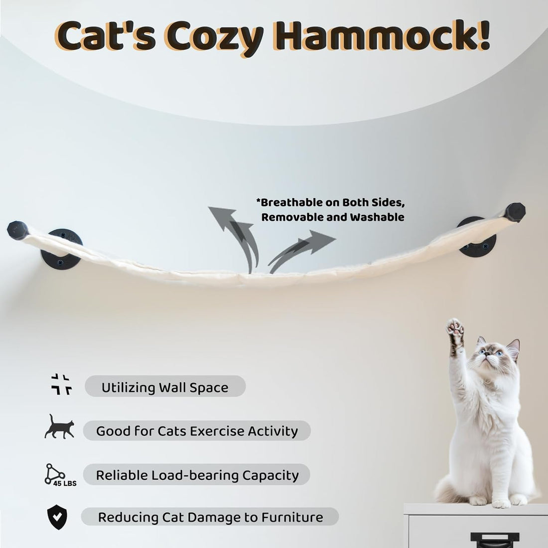 Cat Hammock Wall Mounted, Wall Mounted Cat Shelves, 35.43 x 12.99 in