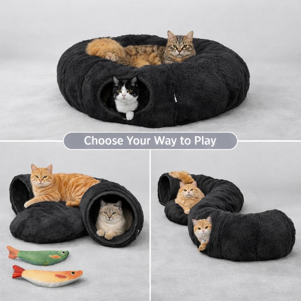 Cat Tunnel Bed with 2 Catnip Fish Toys, Interactive Cat Toys