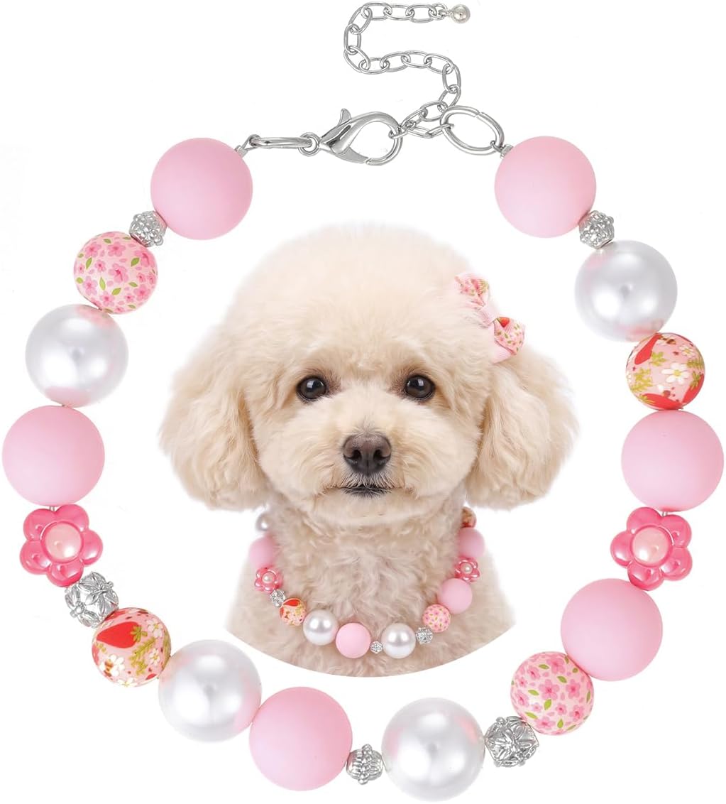 Pink Floral Beaded Collar Necklace for Dog Pet Costume Accessory