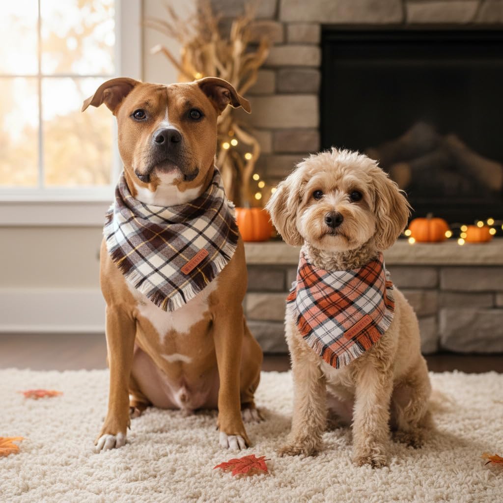 ADOGGYGO Fall Dog Bandana, Brown Plaid Thanksgiving Bandanas for Dogs