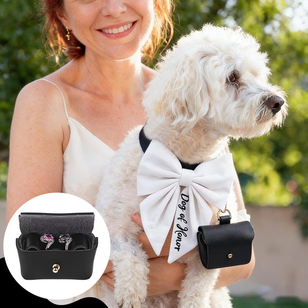 Dog Ring Bearer Collar Pouch with Detachable Bow Tie Rectangle PU