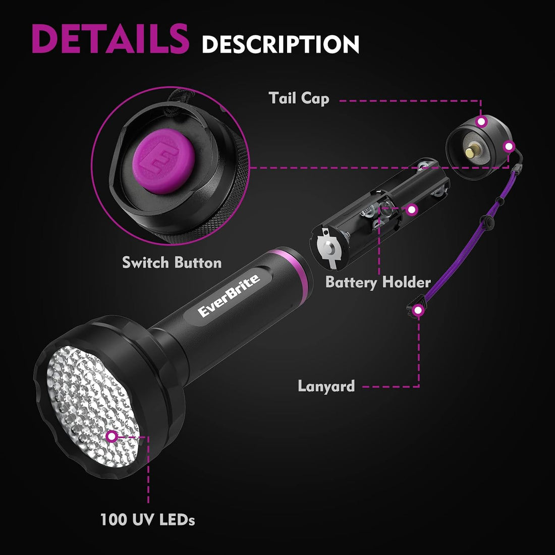 EverBrite 100 LED UV Blacklight Flashlight, 395nm for Pet Urine