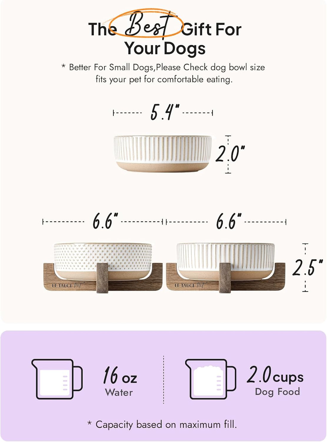 LE TAUCI PET Ceramic Dog and Cat Bowl Set with Acacia Wood Stand