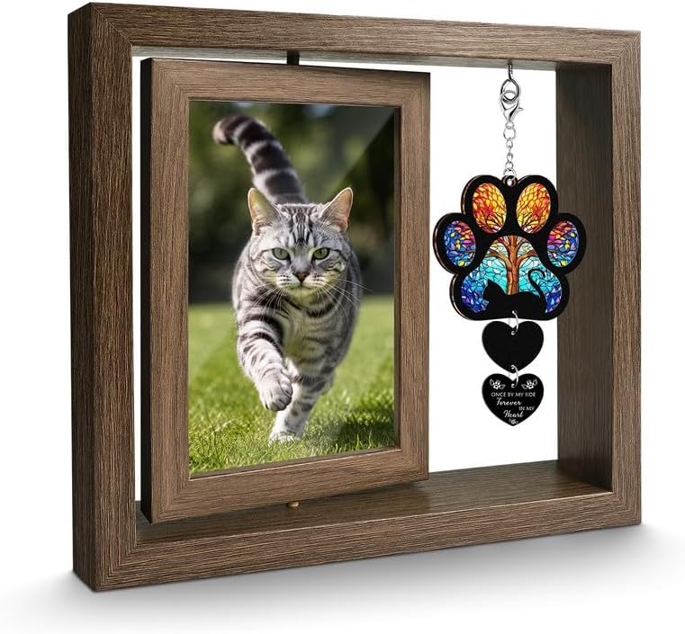 Pet Memorial Gifts for Loss of Cats- 360° Rotating Wooden Photo Frame