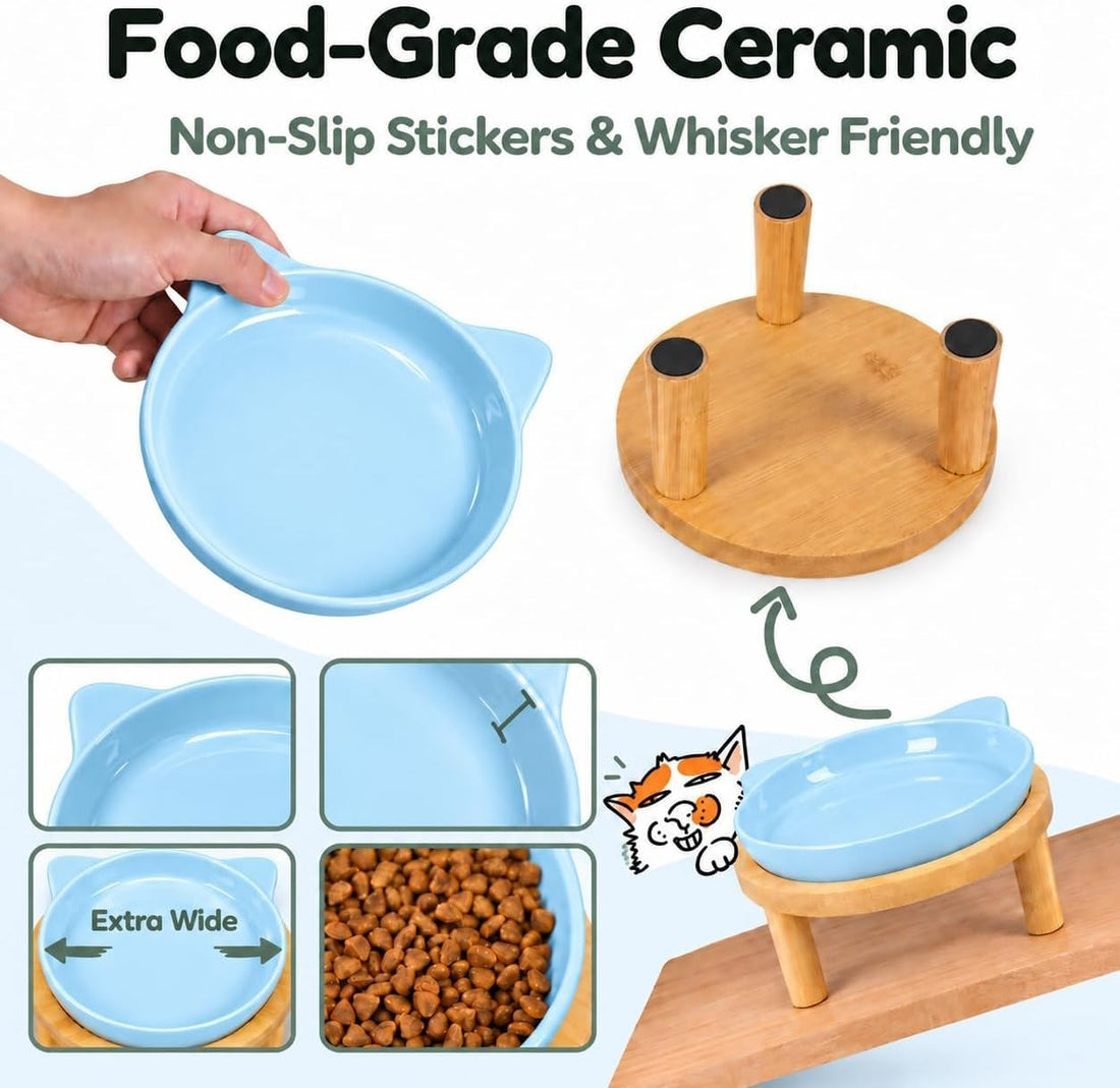 2 Pack Elevated Ceramic Cat Bowls with Bamboo Stand for Cat Bowl