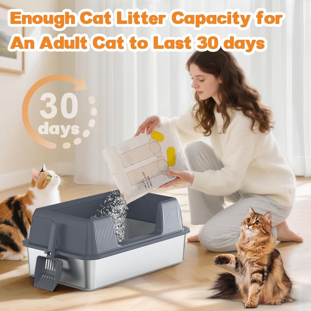 Vivifying XL Stainless Steel Cat Litter Box, High Sided Open Top, Gray