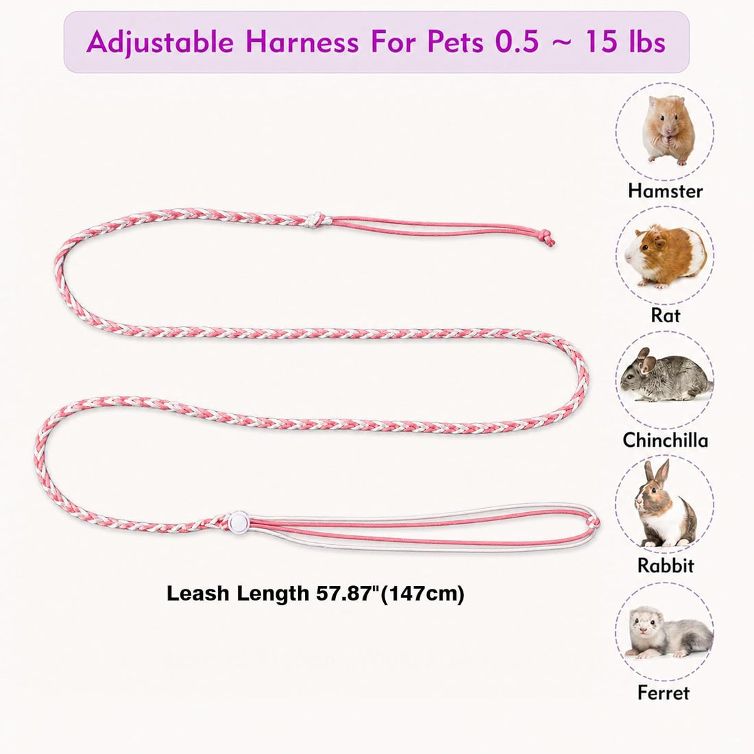 3 PCS Hamster Harness Leash Adjustable Small Animal Rope 57.87in