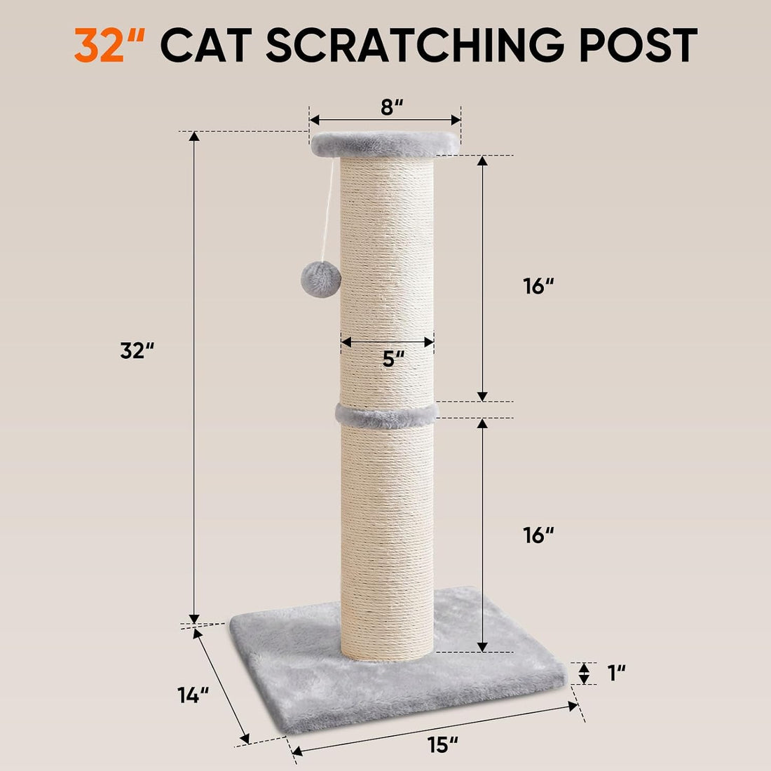 PAWSCRAT 32" Tall Cat Scratching Post, 5-Inch Diameter, Sisal