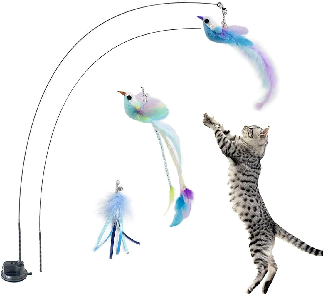 Interactive Cat Wand Toys, 2 Wands with 3 Feather Refills for Indoor