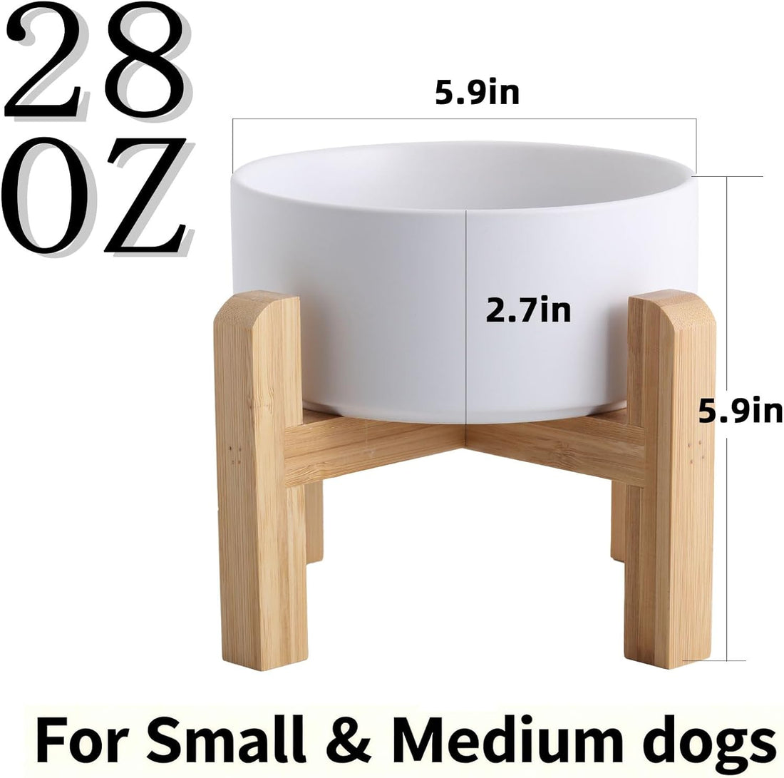Elevated/Raised Ceramic Dog Bowl with Bamboo Stand，6 Inch 3.6 Cups