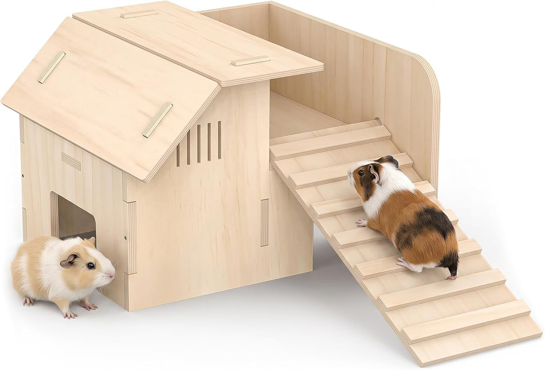 XiaZ Guinea Pig Hideout, Large Wooden Guinea Pig Castle with Stair