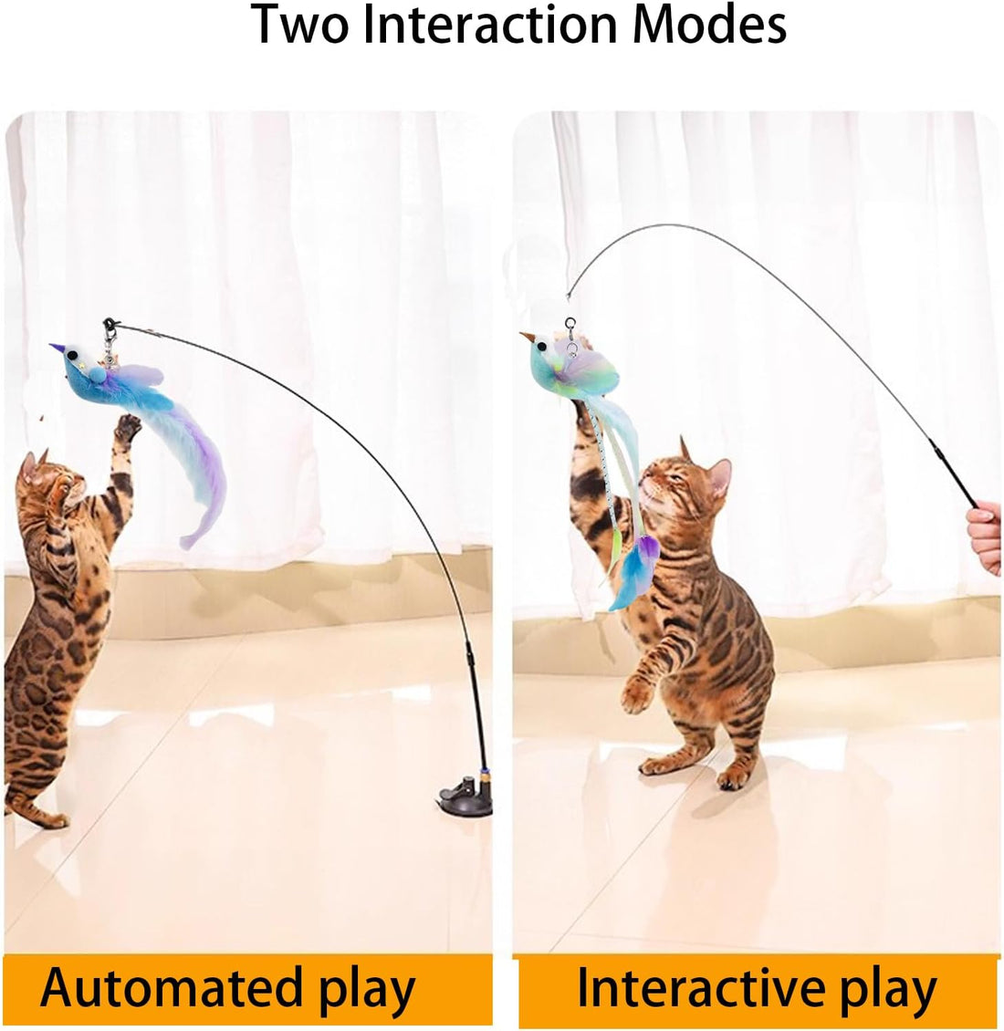 Interactive Cat Wand Toys, 2 Wands with 3 Feather Refills for Indoor