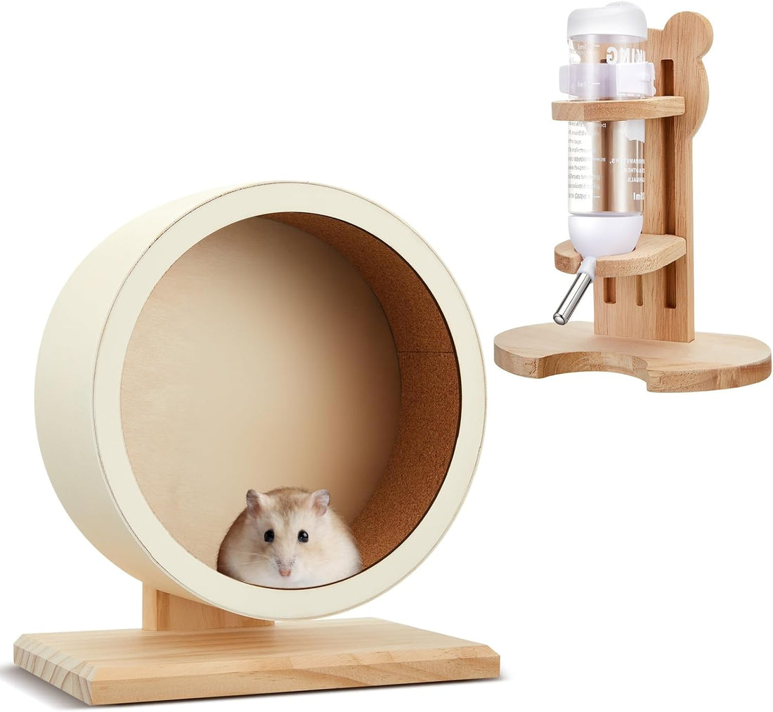 L, 11 Inch Wooden Silent Hamster Wheel with Water Bottle