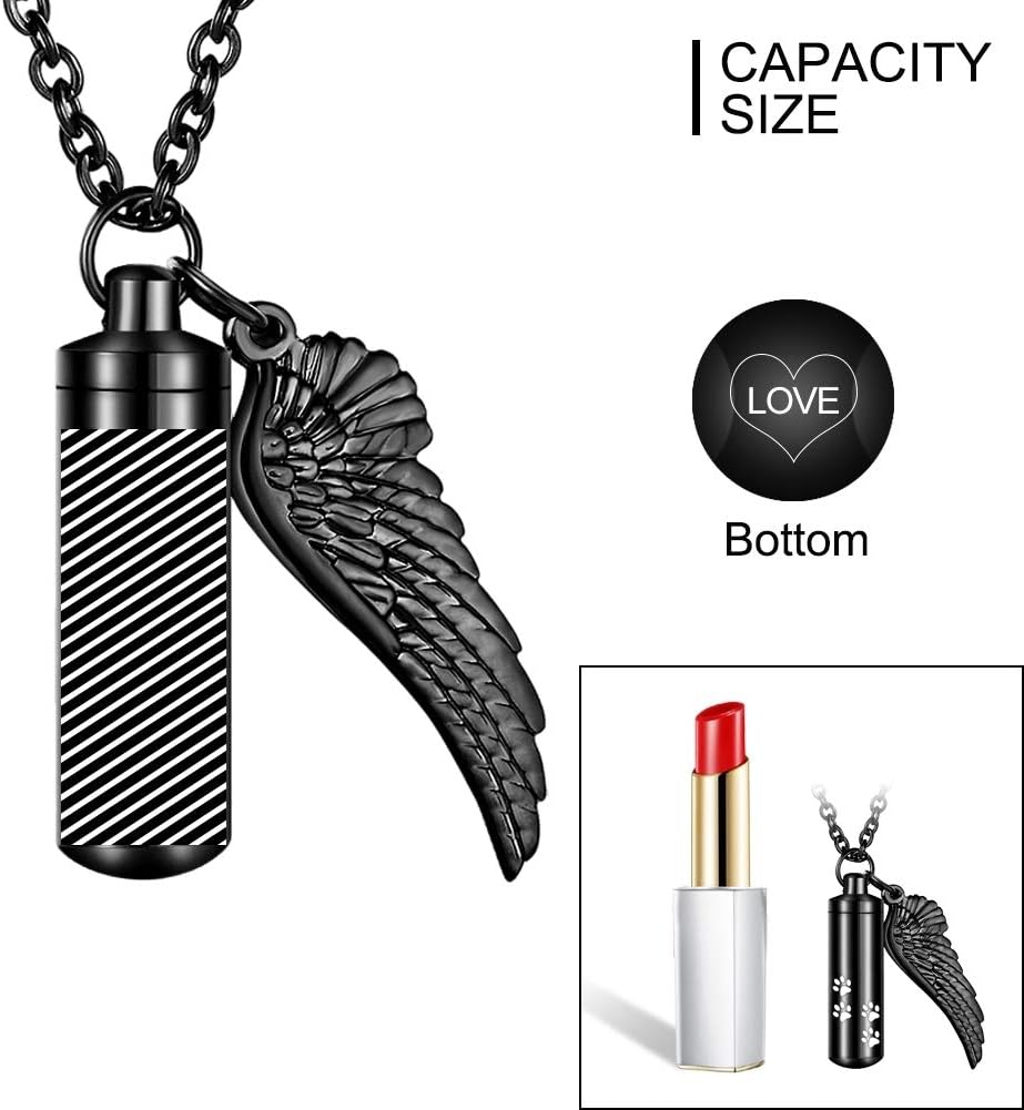 abooxiu Cylinder Cremation Necklace for Pet Ashes With Angel Wing Paw