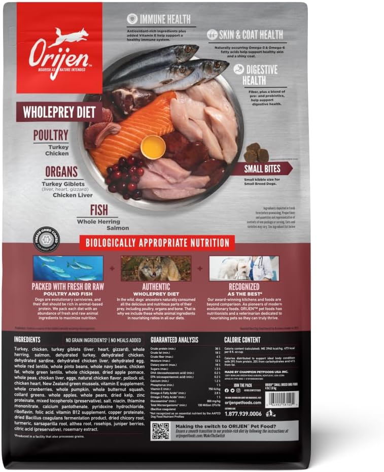 ORIJEN Grain Free WHOLEPREY Dry Dog Food Small Breed Recipe 4lb Bag