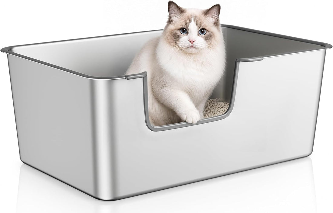High-Sided Stainless Steel Cat Litter Box, Low Entry, Odor-Free