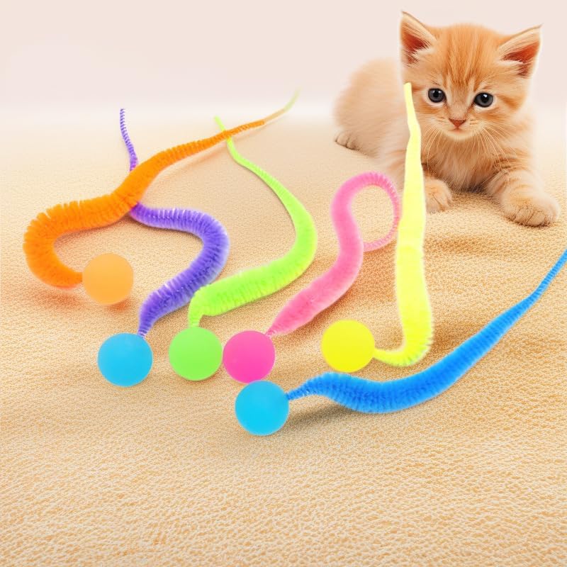 Bouncy Balls for Cats, Cat Worm Toy-5 Pack&2 Bells