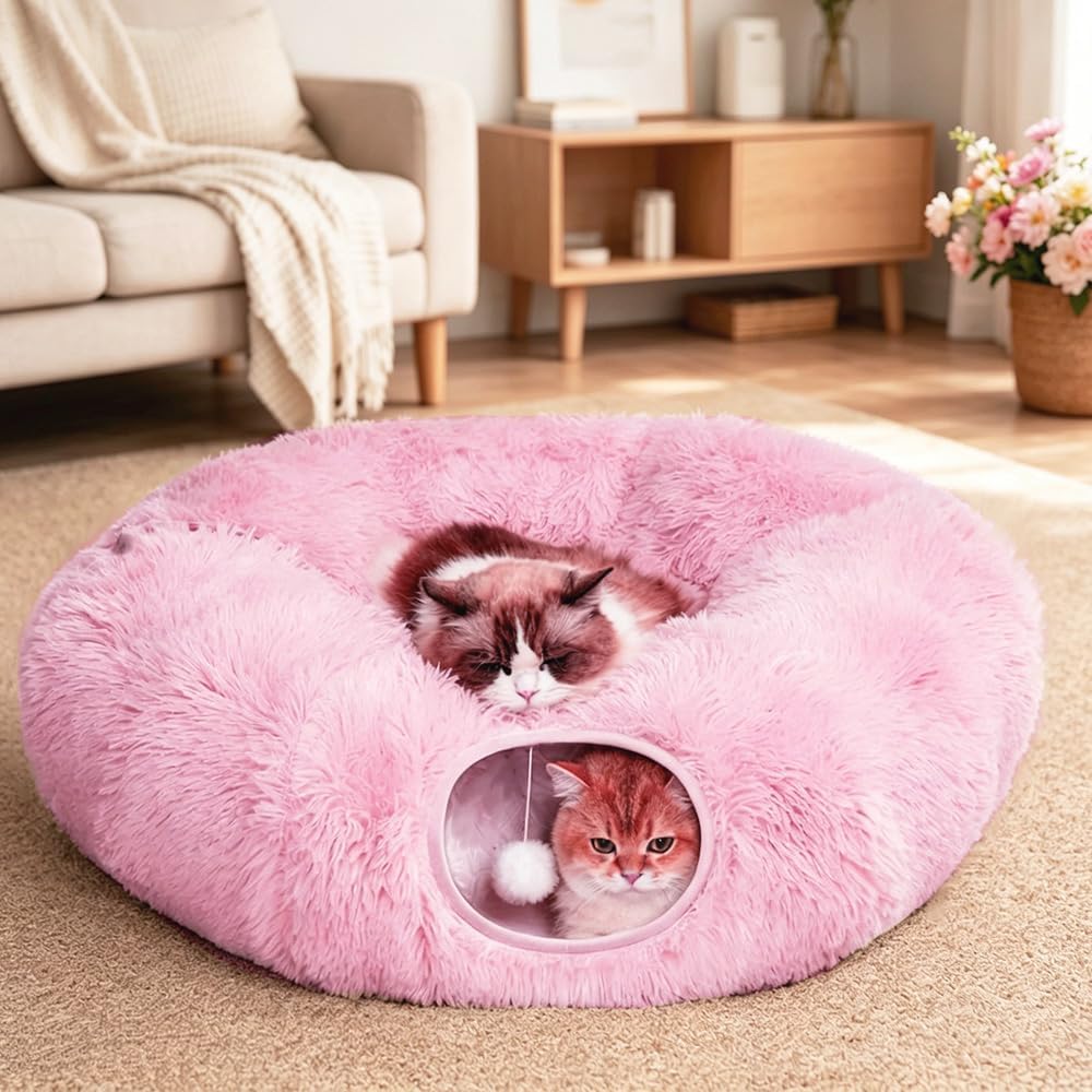 Fuzzy Cat Tunnel Bed for Indoor Cats, 2-in-1 Interactive Cat Toys
