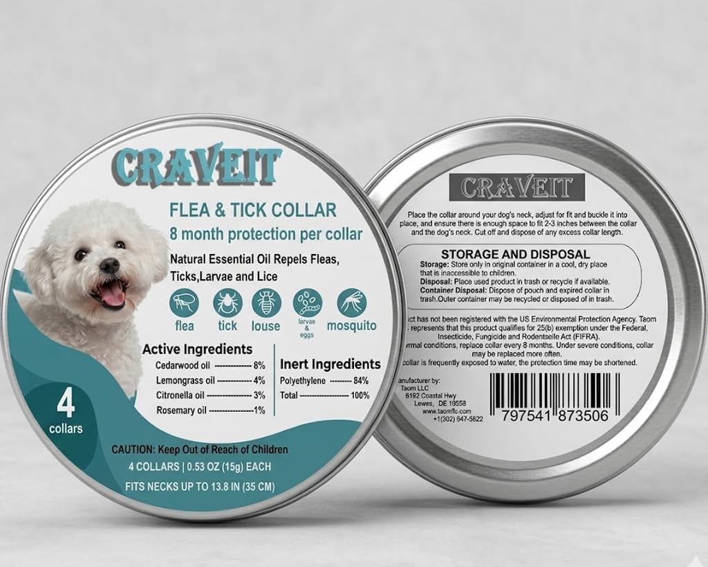 Craveit Flea and Tick Collar for Dogs, 4 Pack, Small Dogs Under 18 lbs