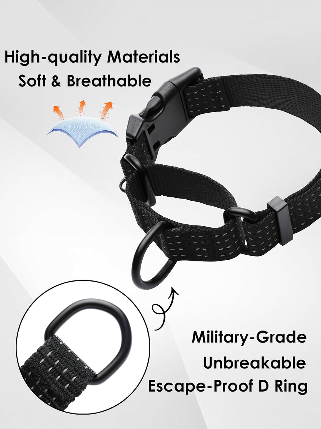 Martingale Dog Collar, Reflective No Pull with Buckle, Black, M