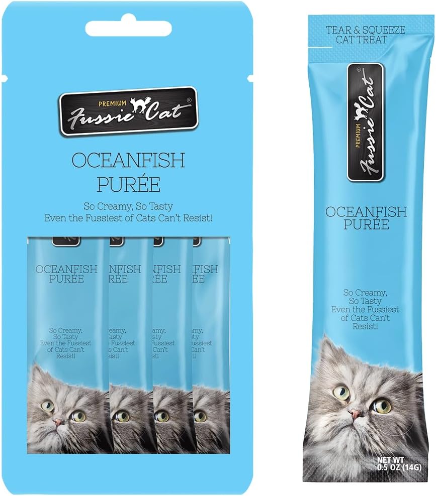 Fussie Cat Premium Ocean Fish Puree, Lickable Cat Treats, 0.5oz x4