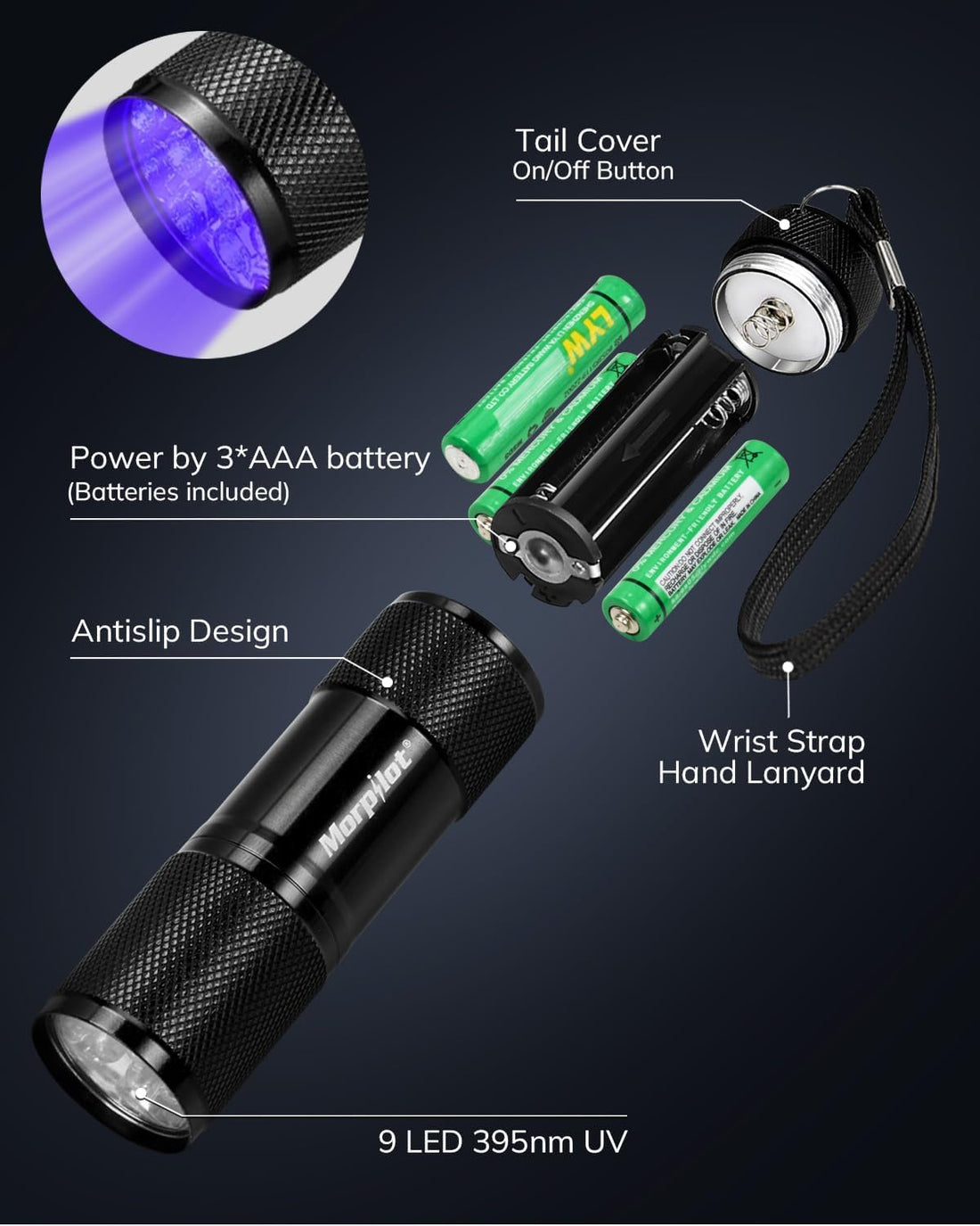 morpilot Mini UV Blacklight Flashlight, 395nm 9 LED Pet Urine Detector