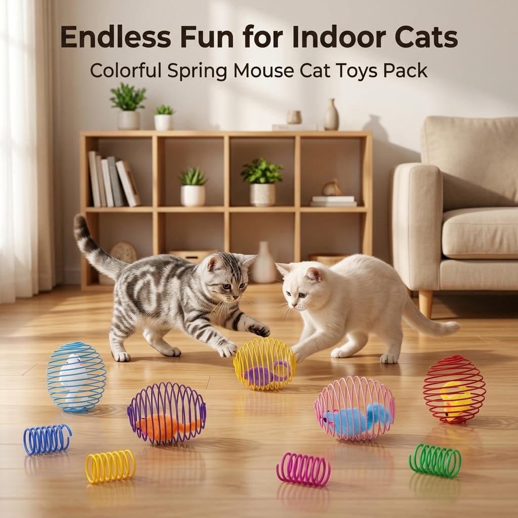 9 Pcs Cat Spring Toys Stretchable Metal Cage Spring Balls with Mice