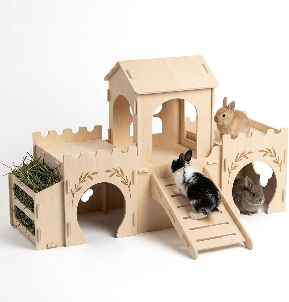 2-Level Wooden Rabbit Castle with Ramp and Hay Feeder
