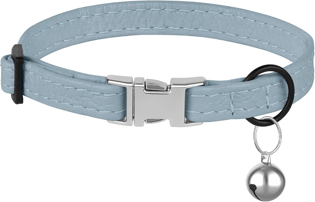 Leather Cat Collar with Buckle and Removable Bell