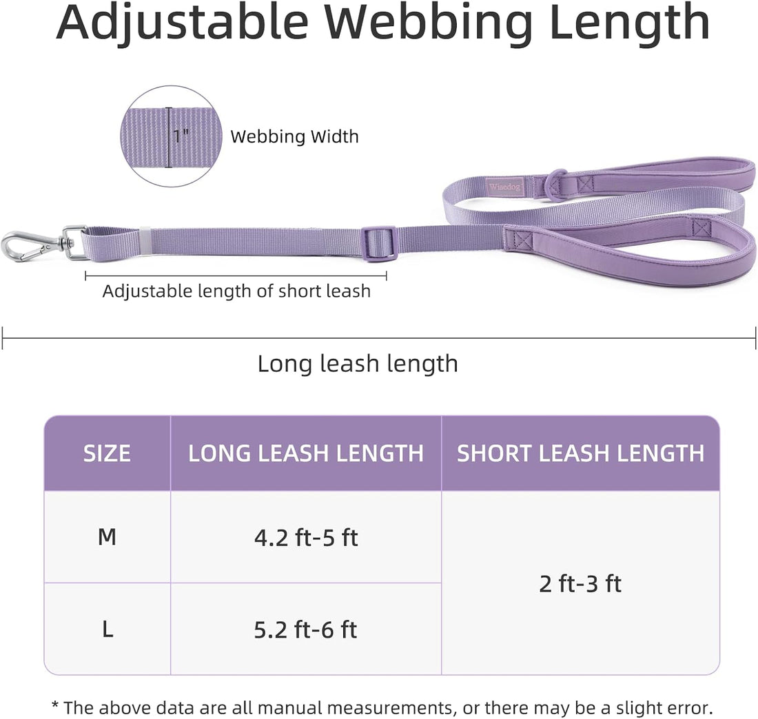 Wisedog Two Handles Dog Leash, Lilac, L|5.2 ft-6 ft