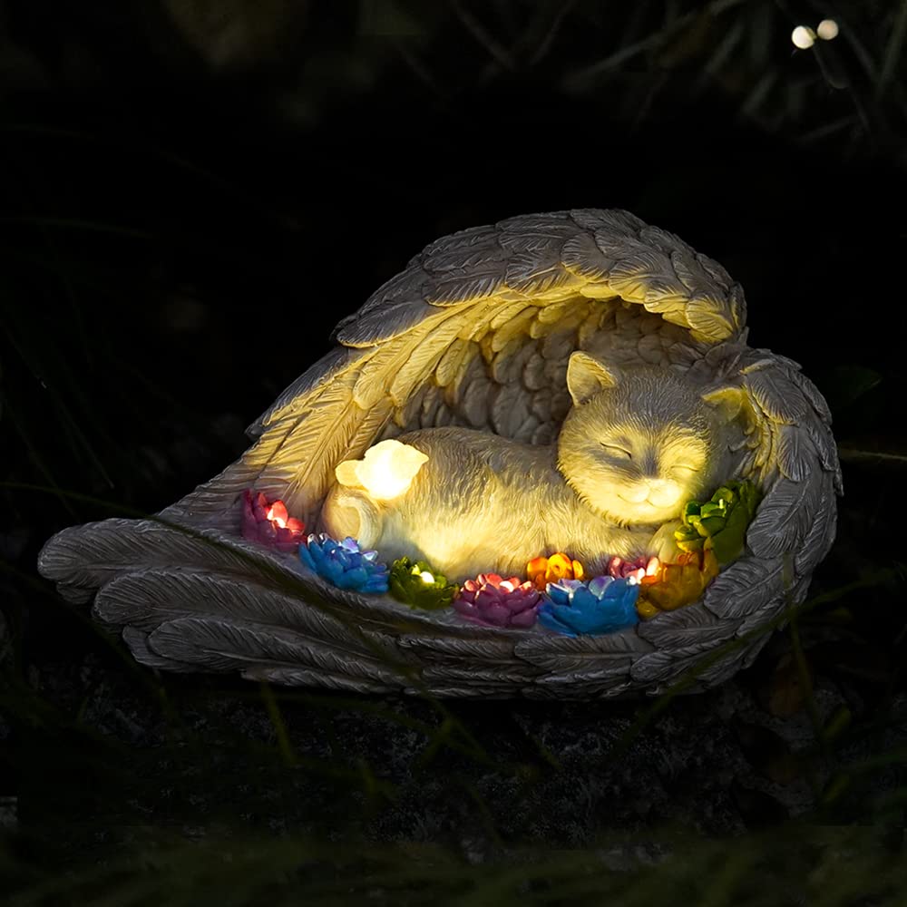 VKEVOC Cat Memorial Stone,Solar Angel Cat Statue Figurine