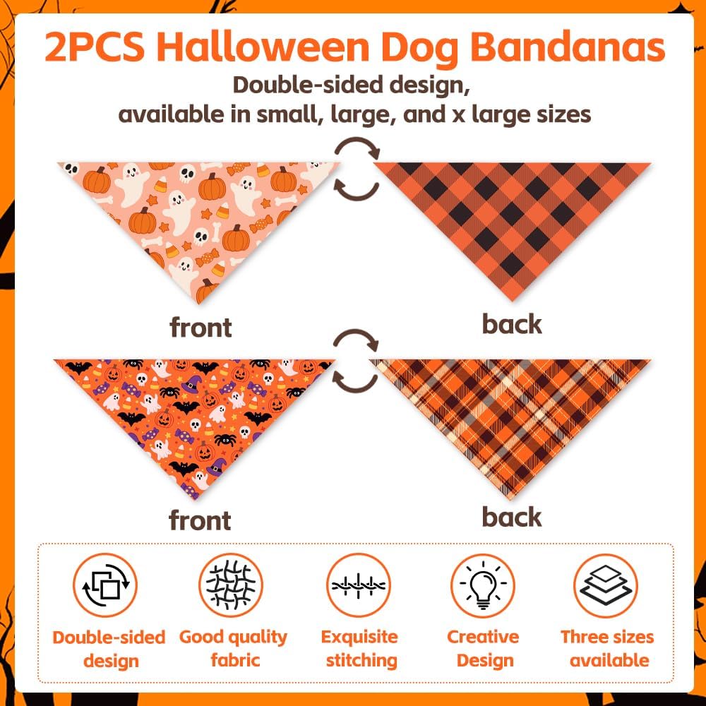 2 Pack Halloween Dog Bandanas, Reversible Triangle Scarves for Dogs