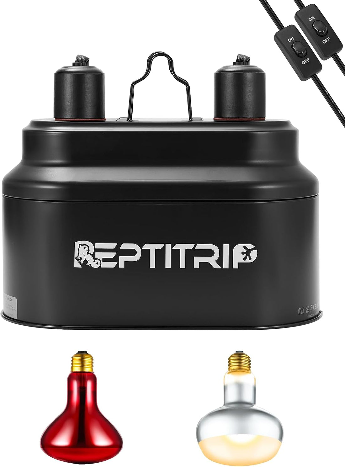 REPTITRIP Dual Reptile Light Fixture with 100W Daytime Heat Bulb & 100W Nighttime Ceramic Heat Emitter, 2 Independent Switches, Reptile Heat Lamp Combo Pack - No UVB