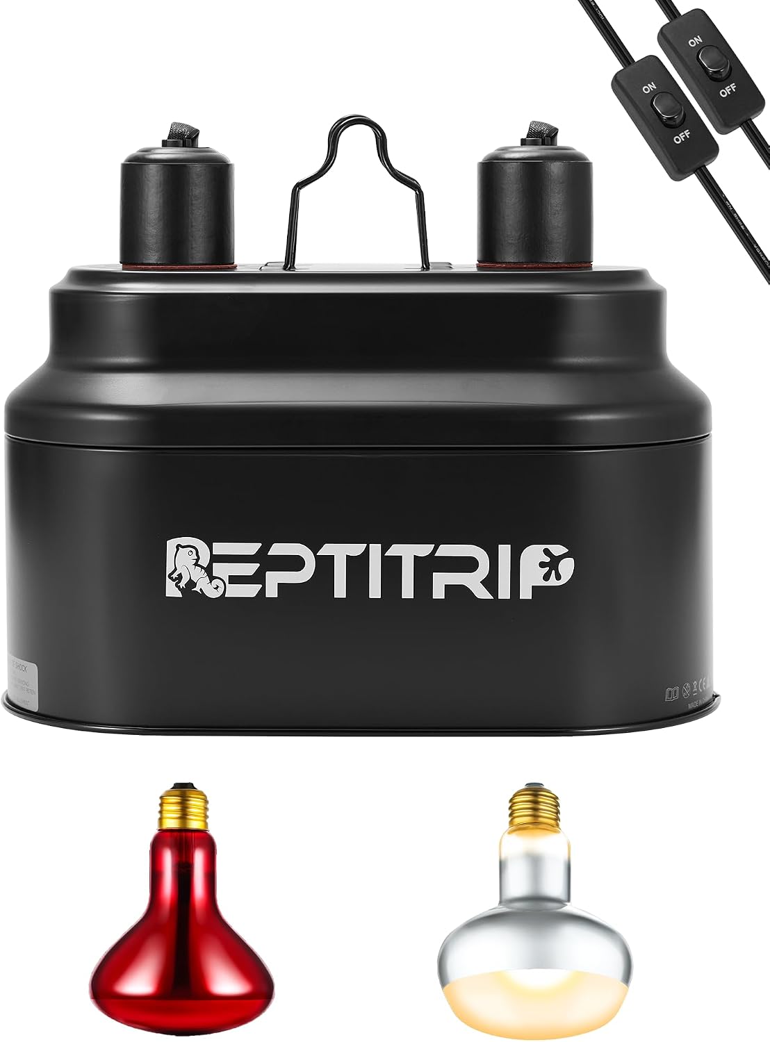 REPTITRIP Dual Reptile Light Fixture with 100W Daytime Heat Bulb & 100W Nighttime Ceramic Heat Emitter, 2 Independent Switches, Reptile Heat Lamp Combo Pack - No UVB
