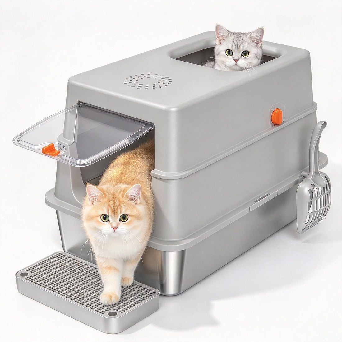 XL Enclosed Stainless Steel Litter Box with Lid, Light Gray