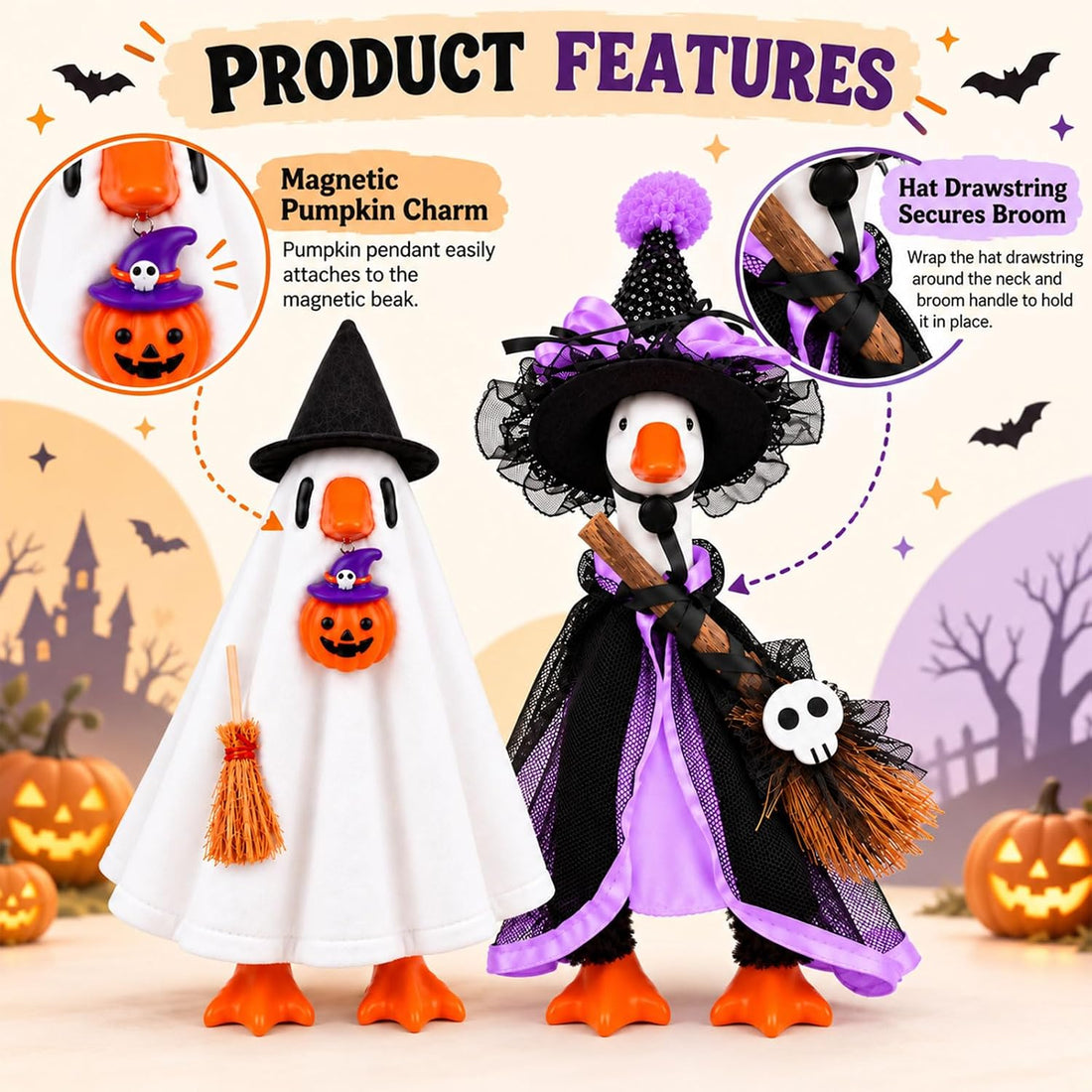 Halloween Desk Goose Clothes for 7 Inch Statues, Witch & Ghost 2-Pack