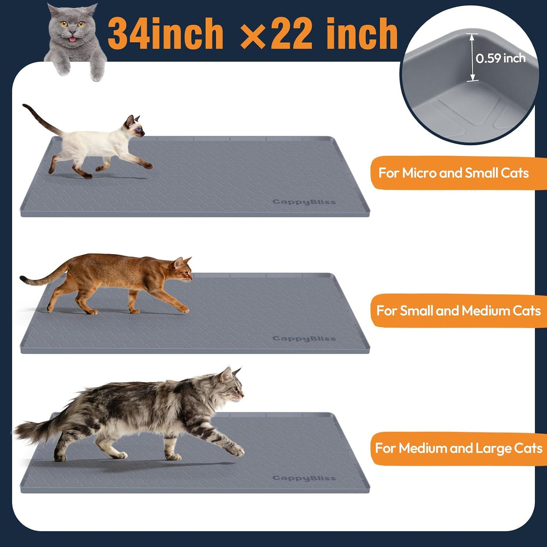 Cat Litter Mat, 34"x22" Waterproof Silicone, Litter Trapping