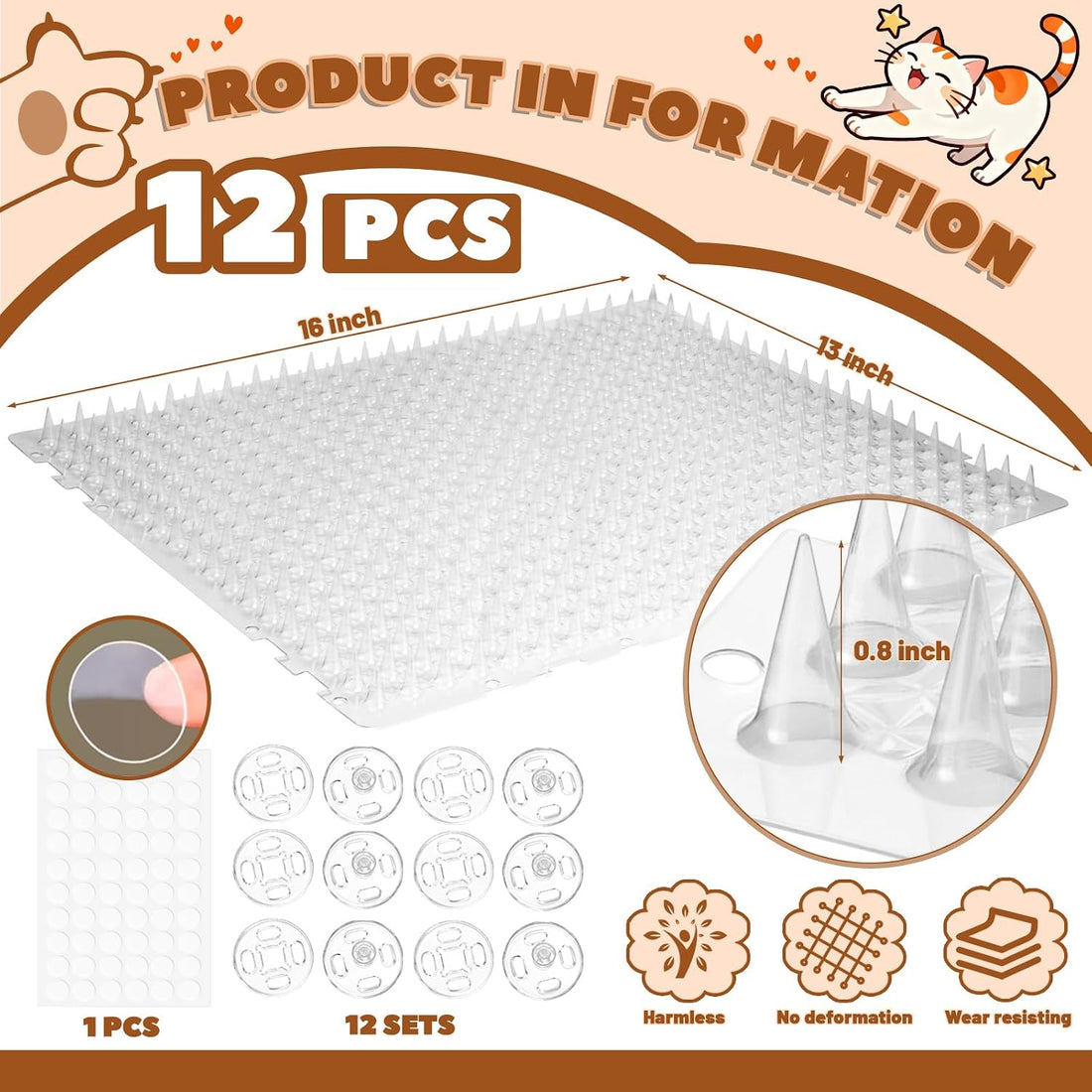 12Pack 16 x 13 in Scat Mat for Cats, Cat Repellent Mat with Spikes