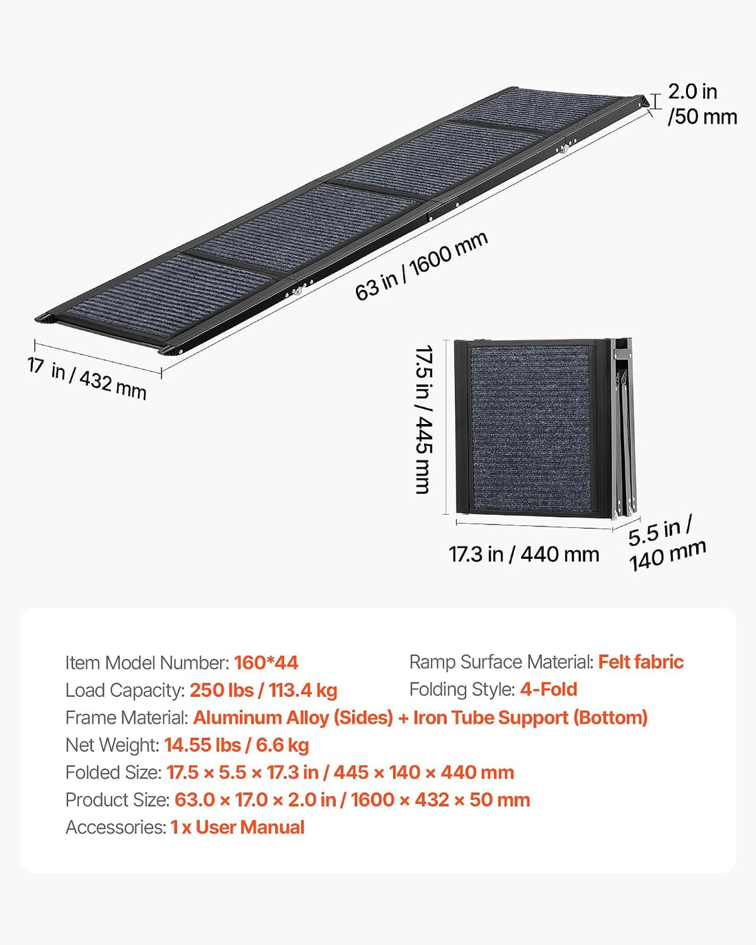 VEVOR Dog Ramp for Cars, 63" L x 17" W