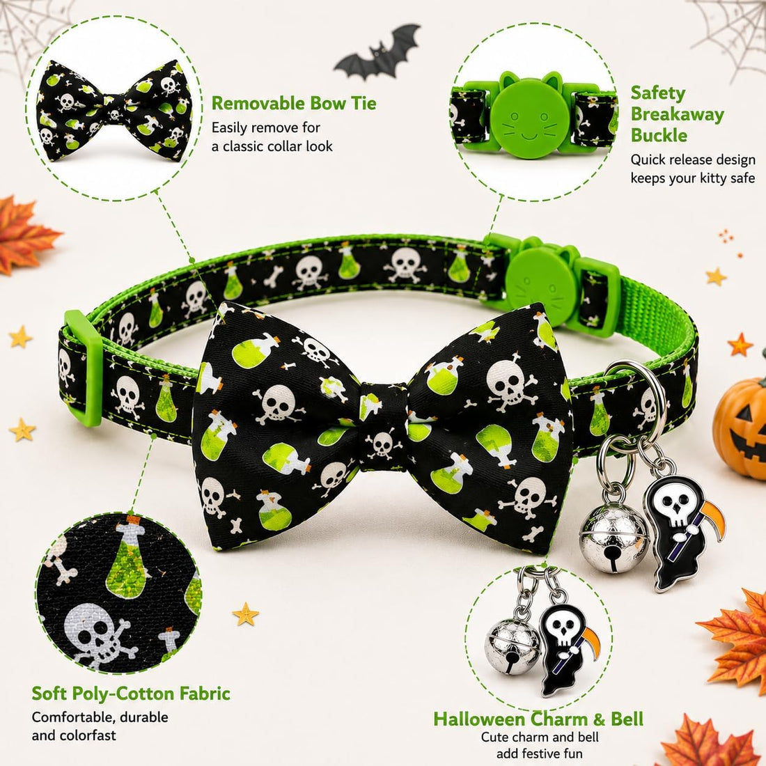 Halloween Cat Collar 2 Pack, Adjustable Breakaway, Bow Ties & Bells