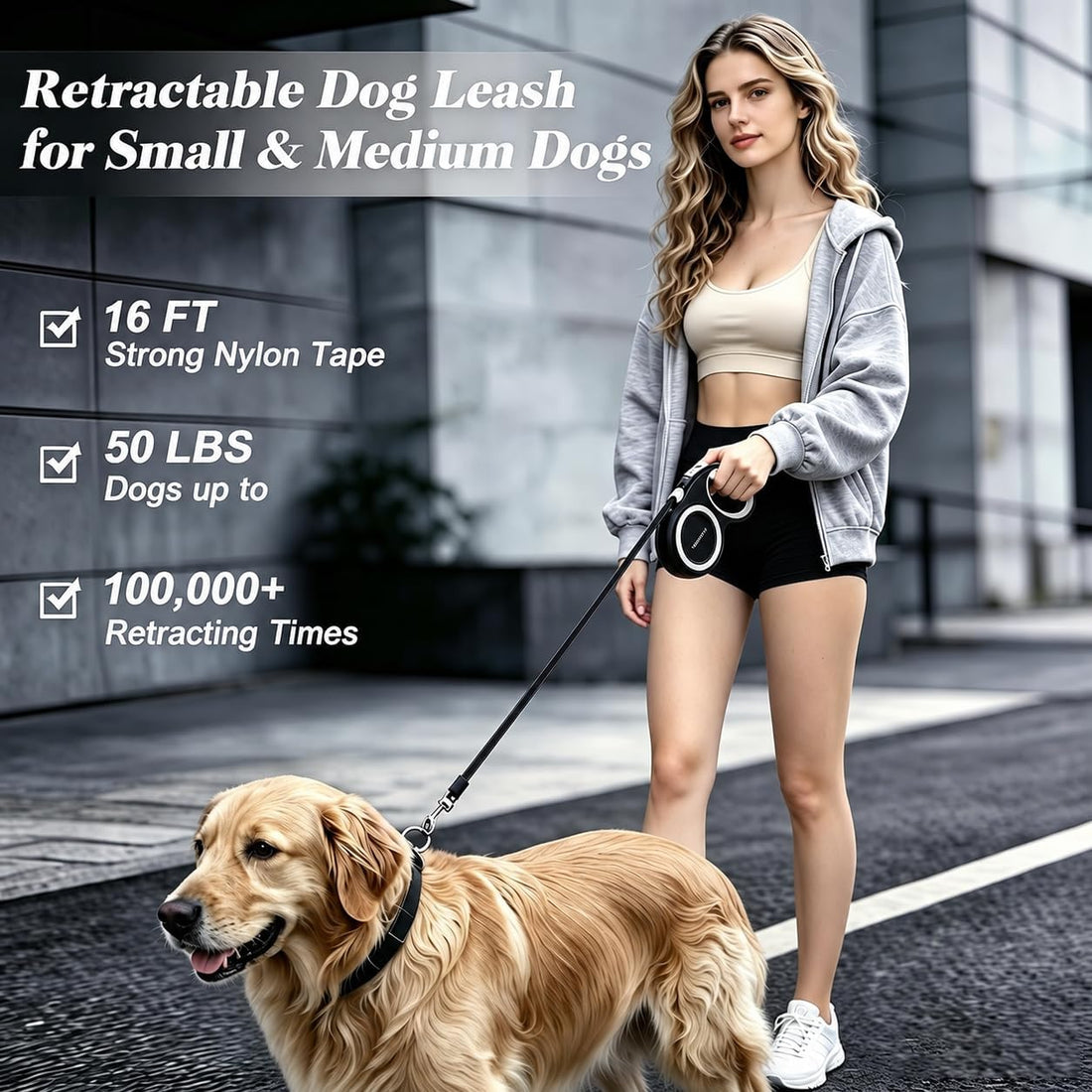 Retractable Dog Leash with Stainless Steel Anti-Chew Cable for Small