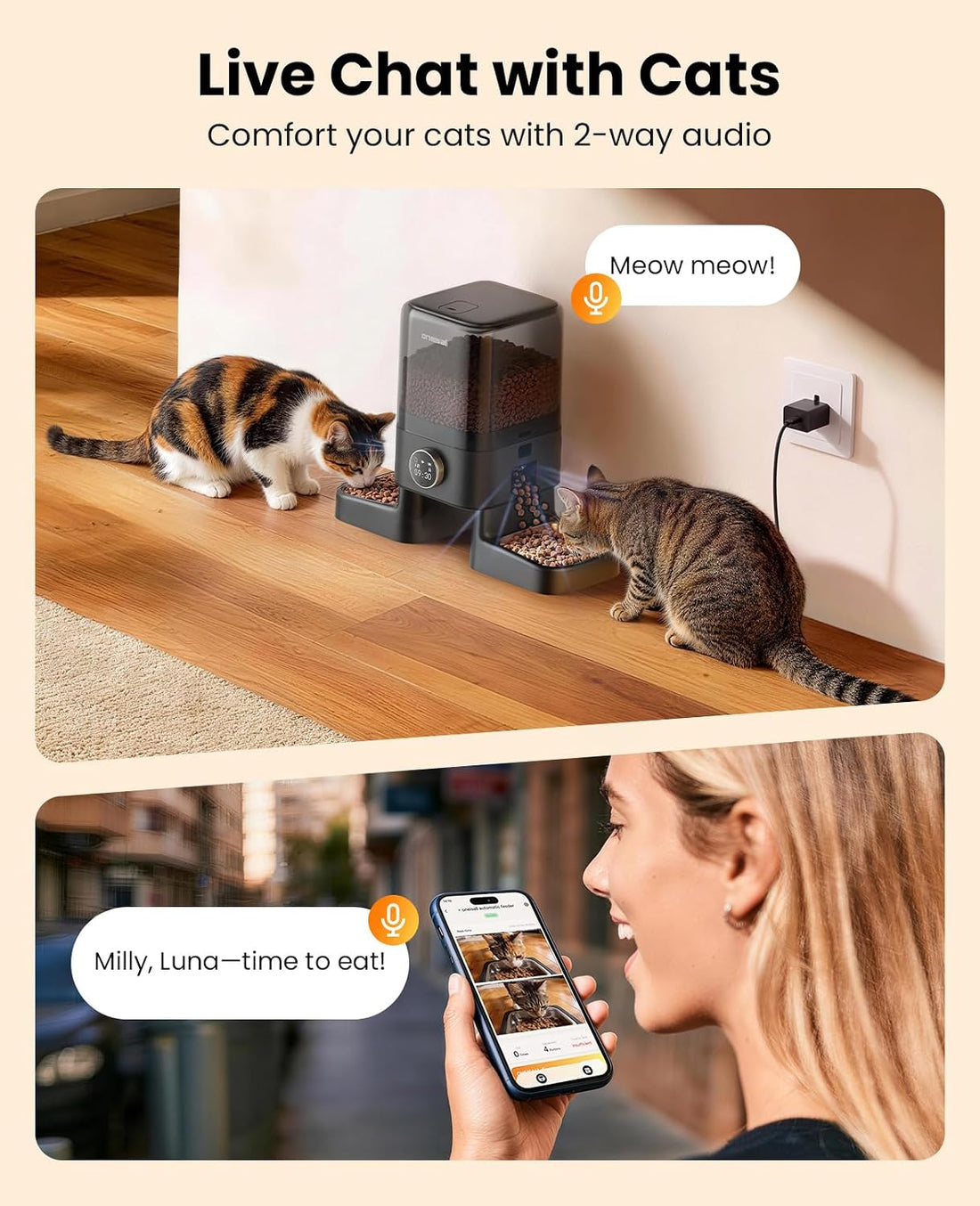 oneisall Automatic Cat Feeder with Camera for 2 Cats Pets, 20 Cups/5L