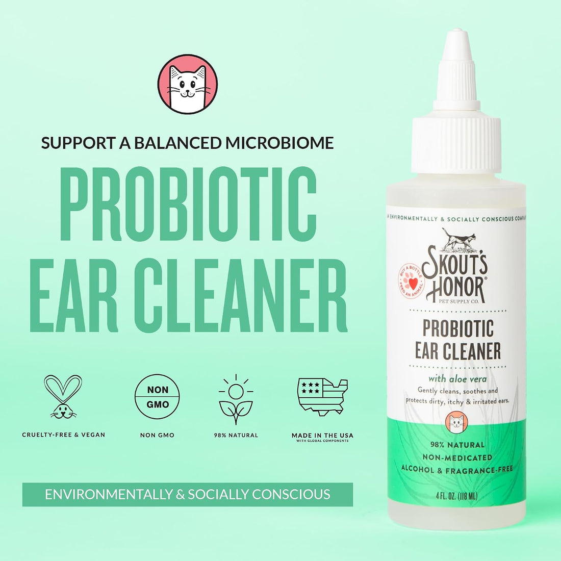 SKOUT'S HONOR Cat Ear Cleaner Solution with Aloe Vera - Alcohol-Free