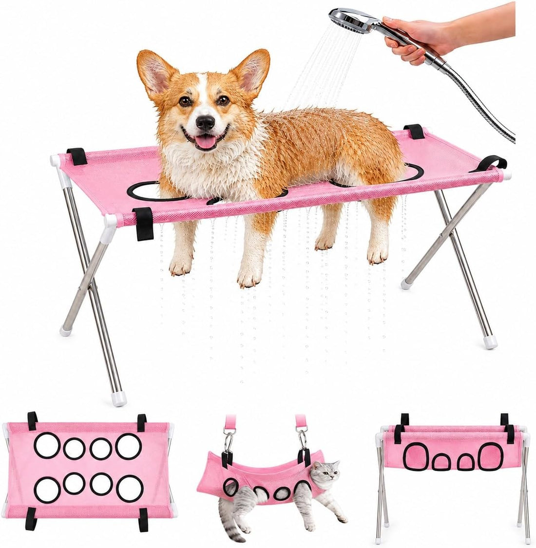 Dog Grooming Hammock Stand, Foldable Dog Bath Holder Sling Shower