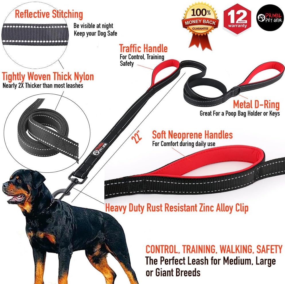 Primal Pet Gear Dog Leash 8ft Long - Black - Traffic Padded Two Handle