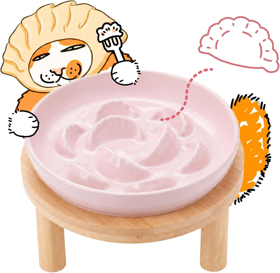 2 Pack Elevated Ceramic Cat Bowls with Bamboo Stand for Cat Bowl