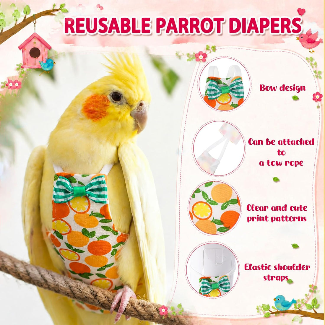 10 Pcs Reusable Bird Diaper Parrot Diapers with Adjustable Straps