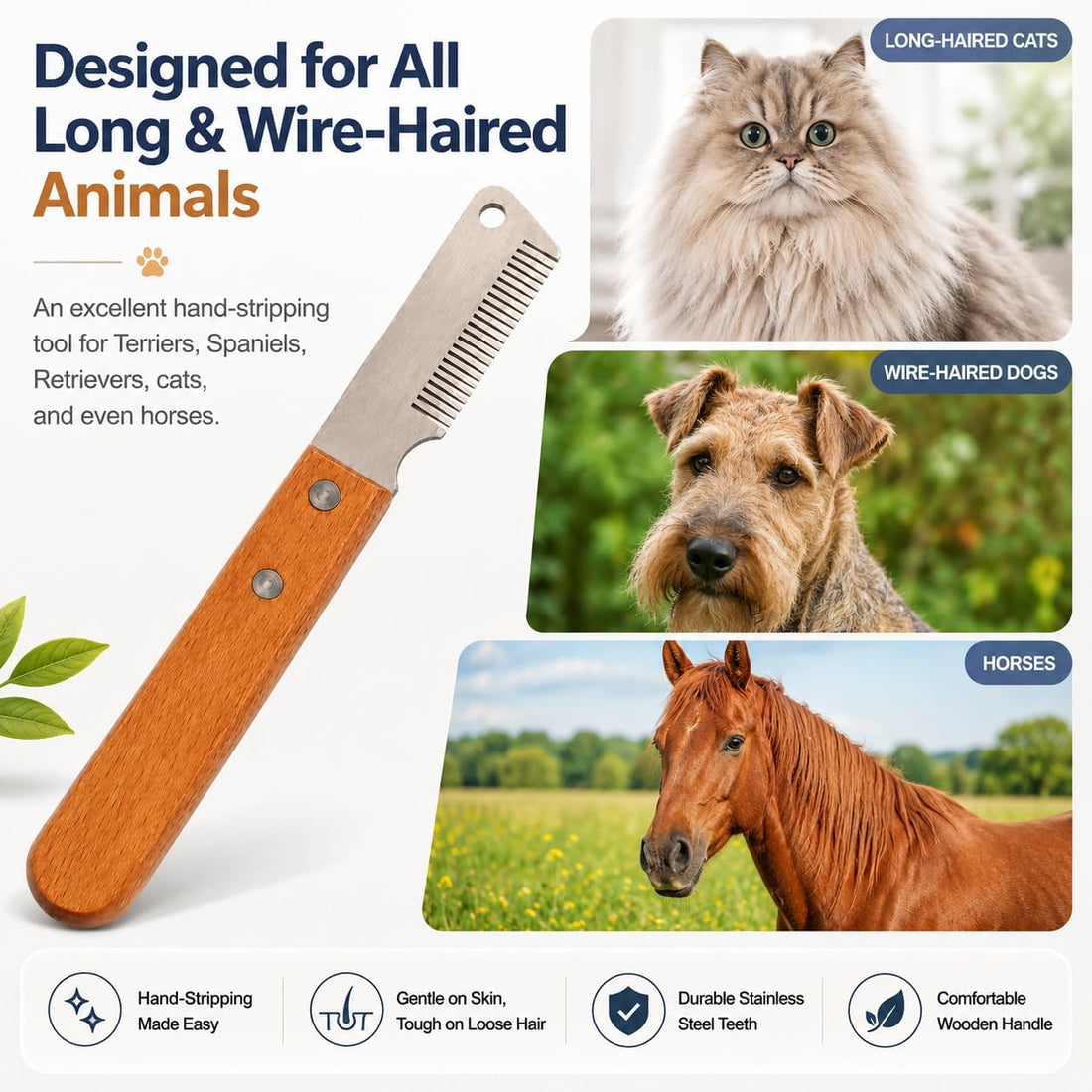 Dog Hand Stripping Knife, Fine-Tooth Tool for Wiry Coats, Wood Handle