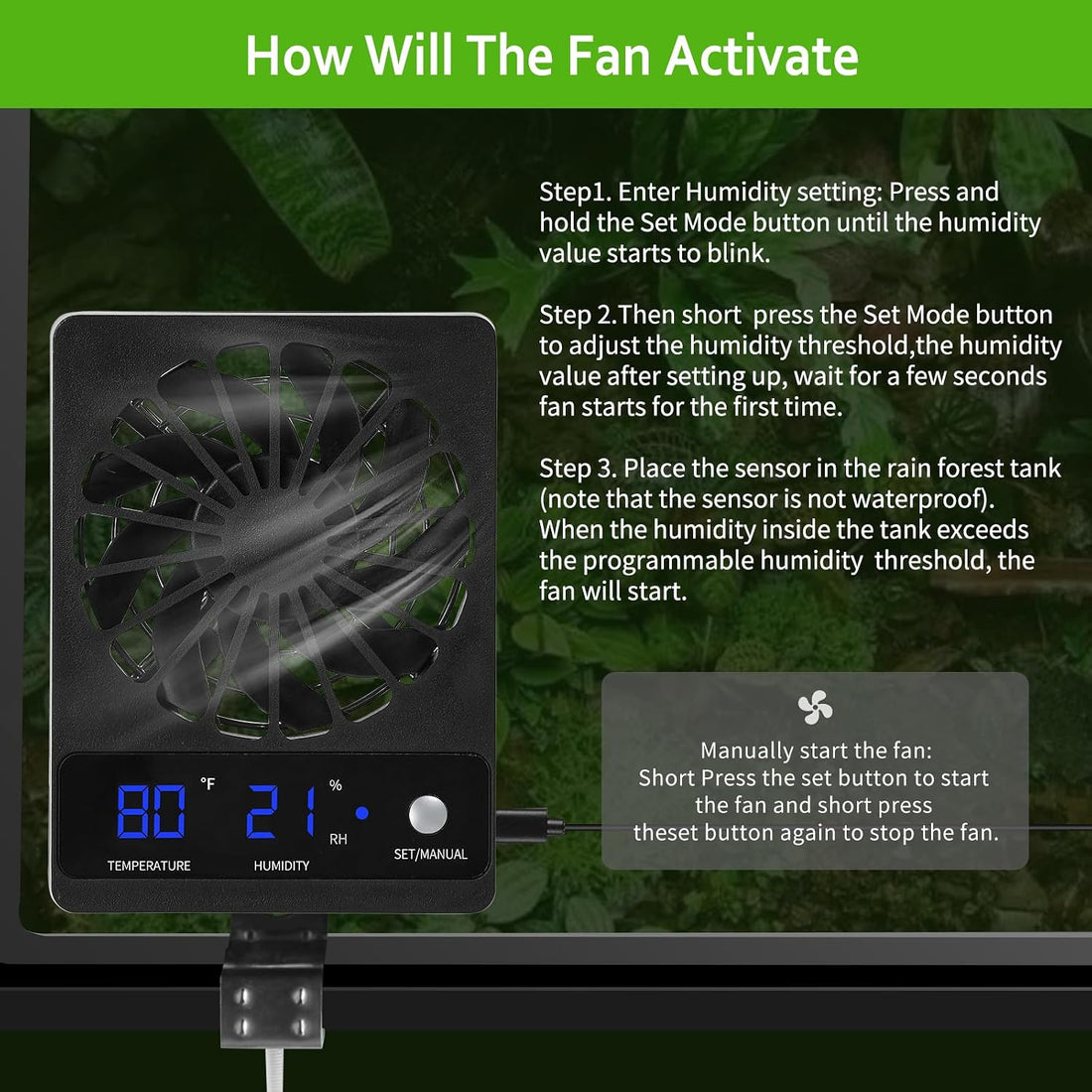 Reptile Tank Fan with Thermometer & Hygrometer | LED Display